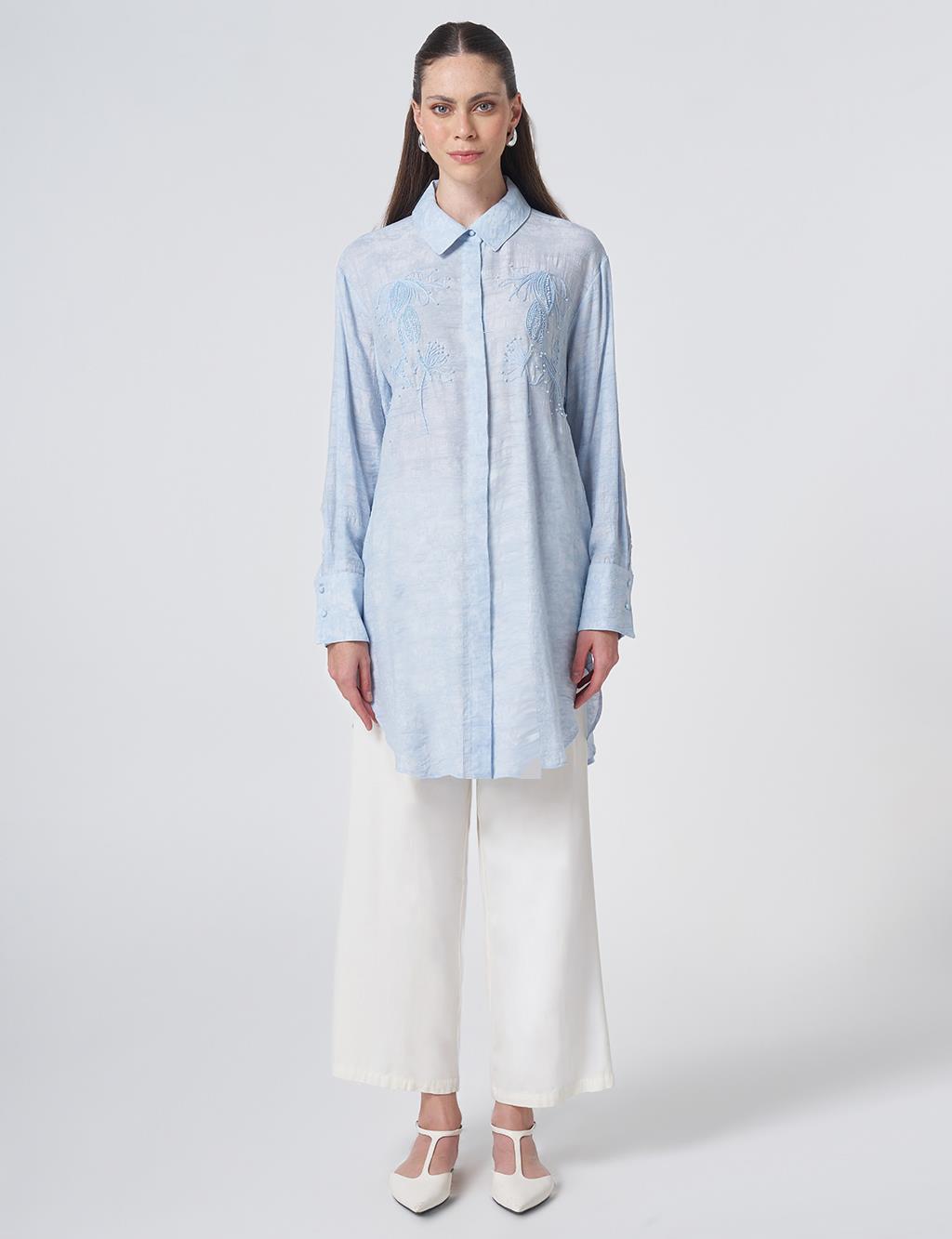 Embroidered Viscose Tunic Blue