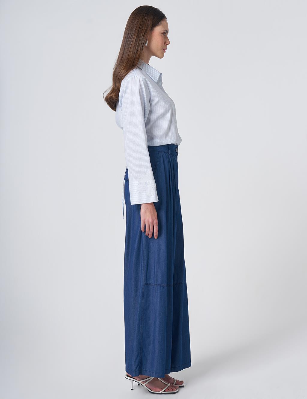 Button Detailed Pleated Trousers Indigo