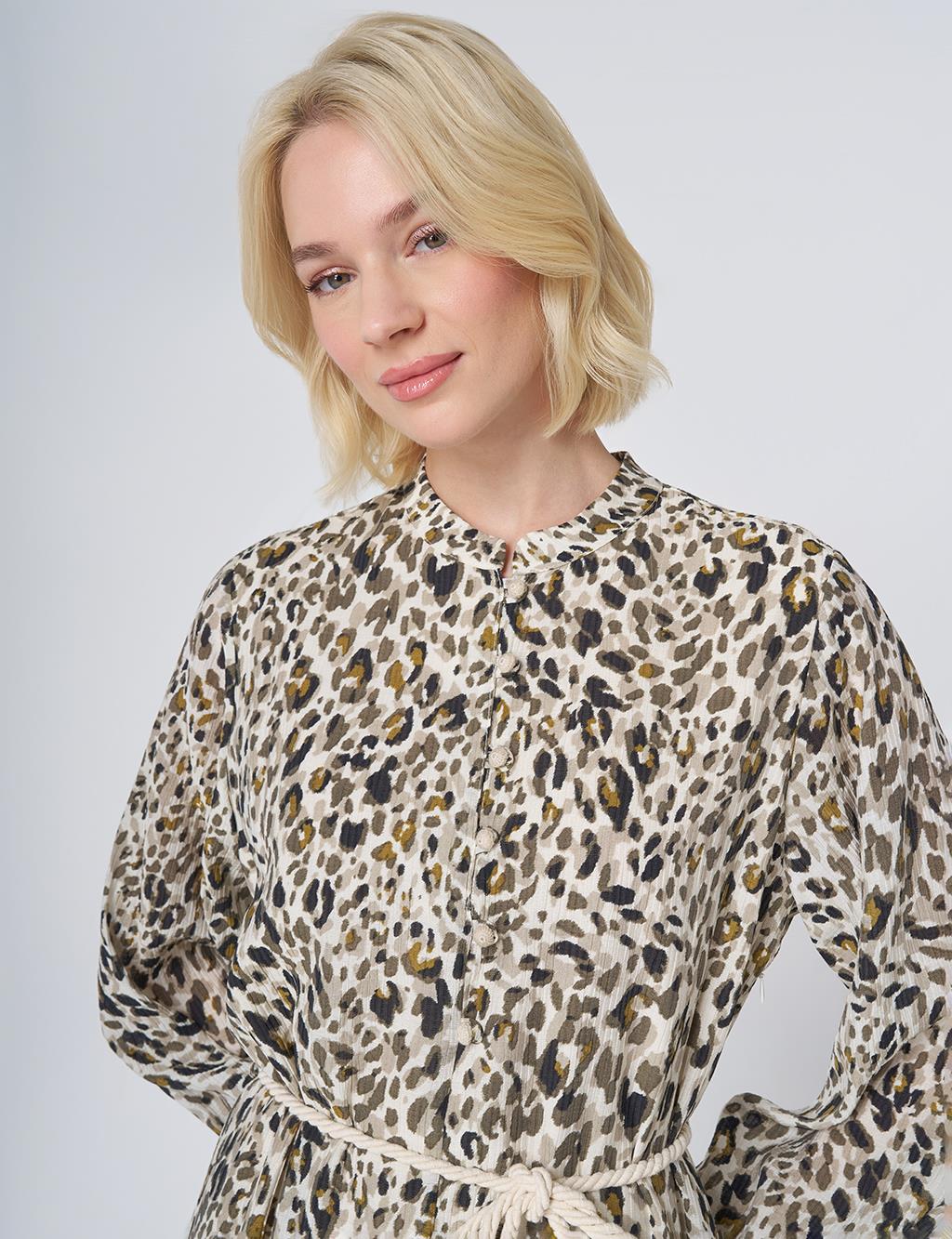 Leopard Print Rayon Dress Cream