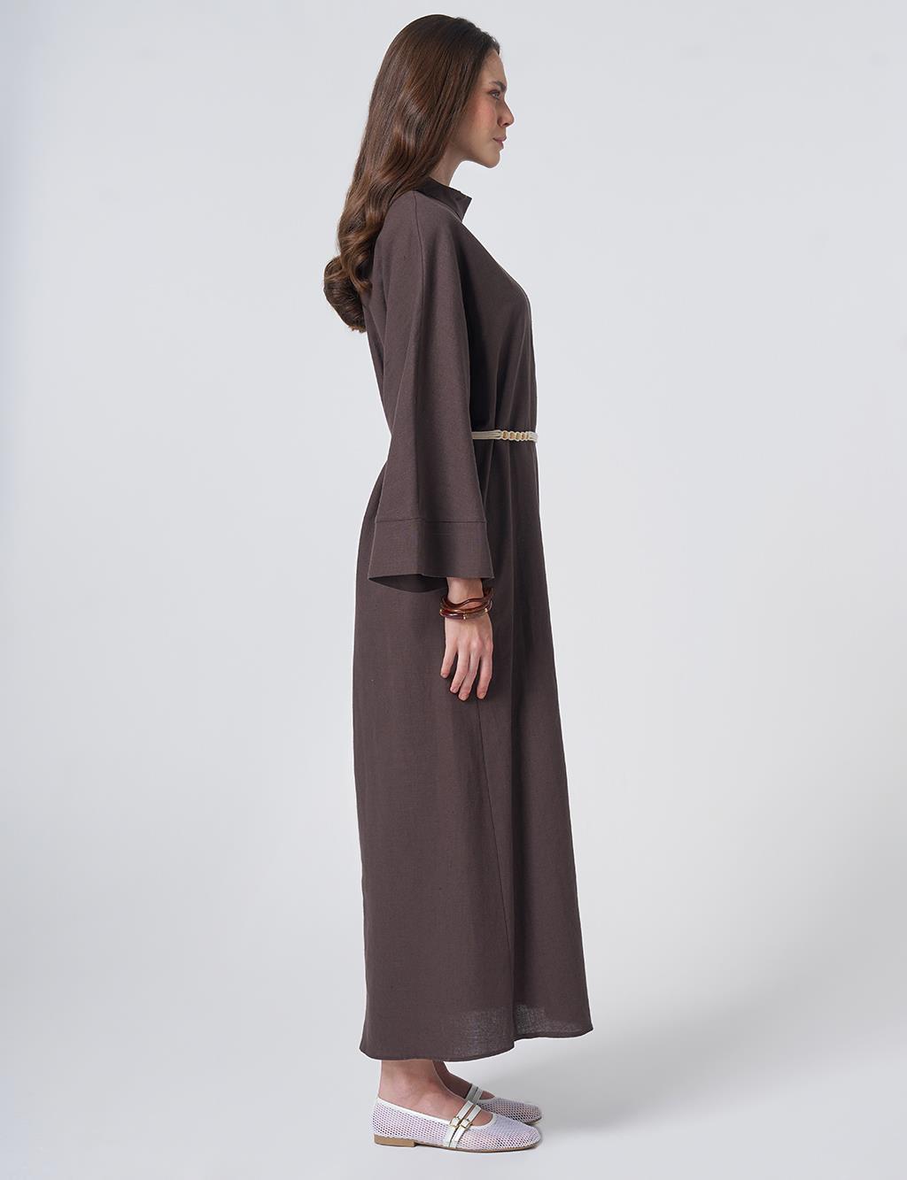Cotton Linen Dress with Rope Belt Dark Brown