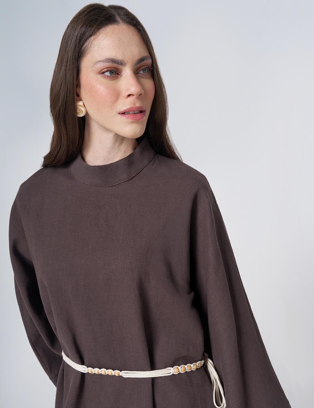 Cotton Linen Dress with Rope Belt Dark Brown