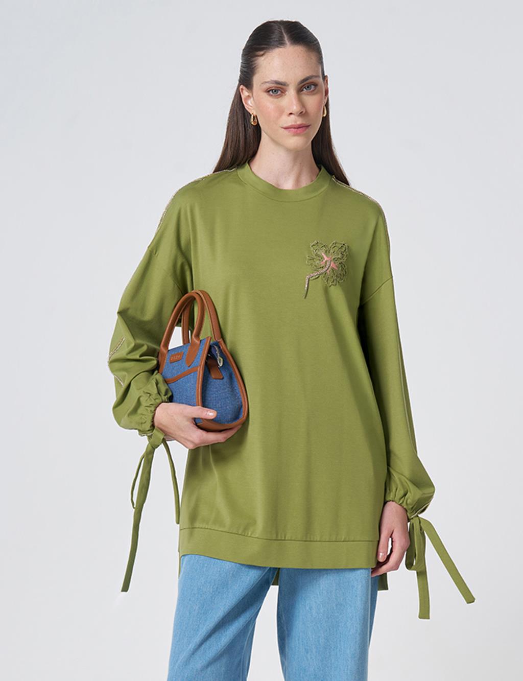 Embroidered Drawstring Jersey Sweatshirt Matcha Green