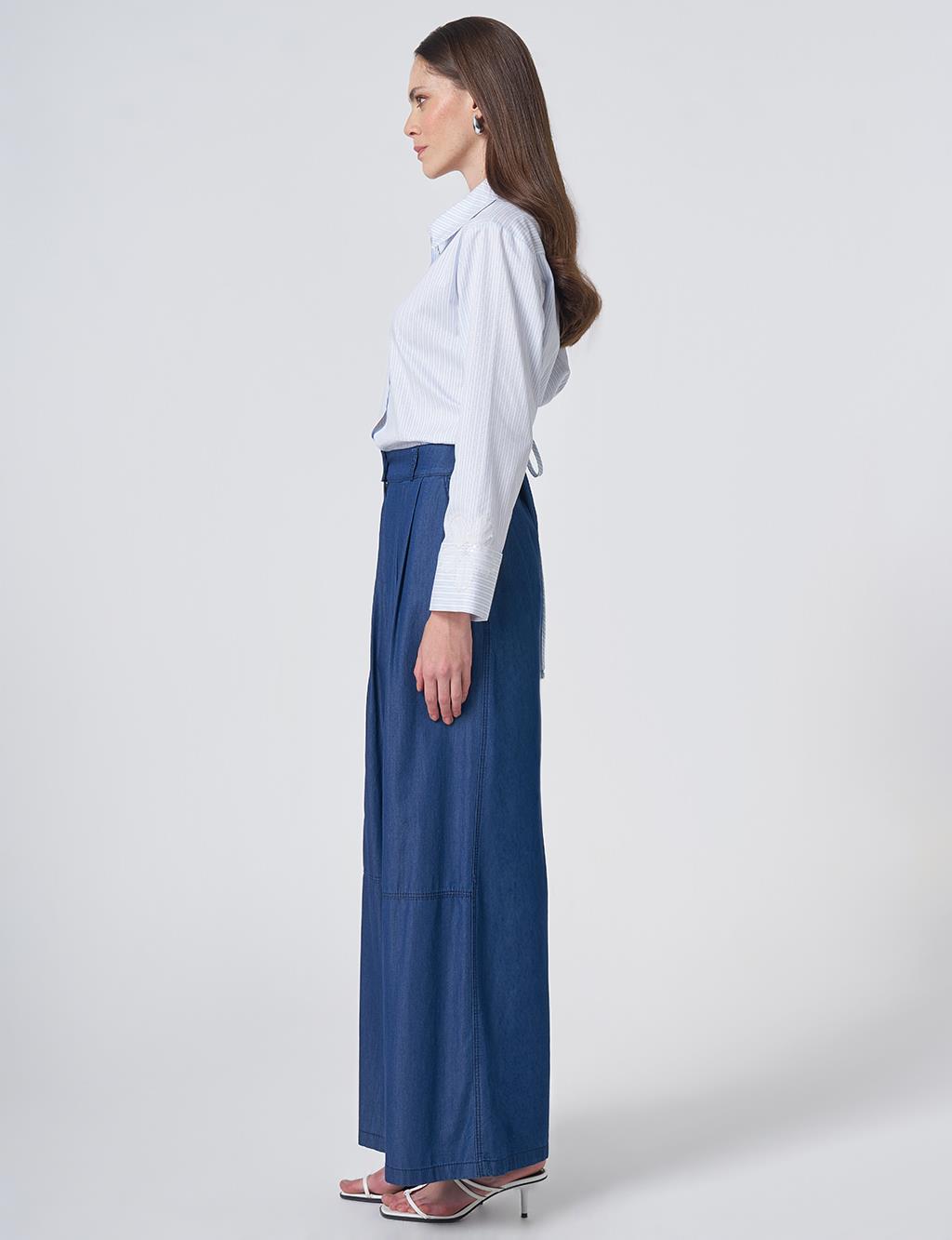Button Detailed Pleated Trousers Indigo