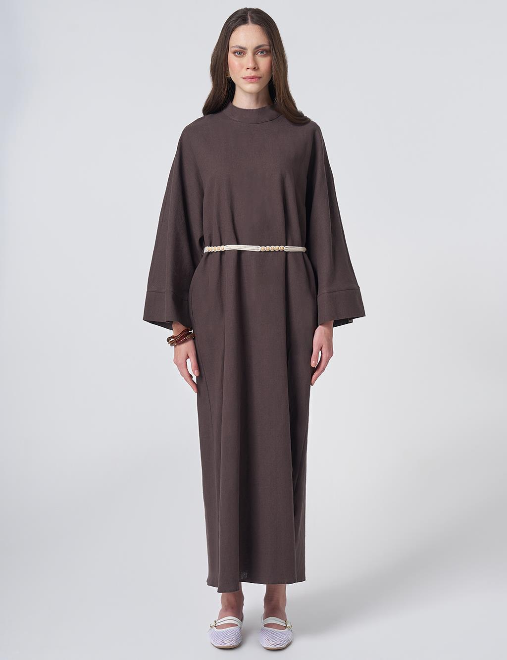 Cotton Linen Dress with Rope Belt Dark Brown