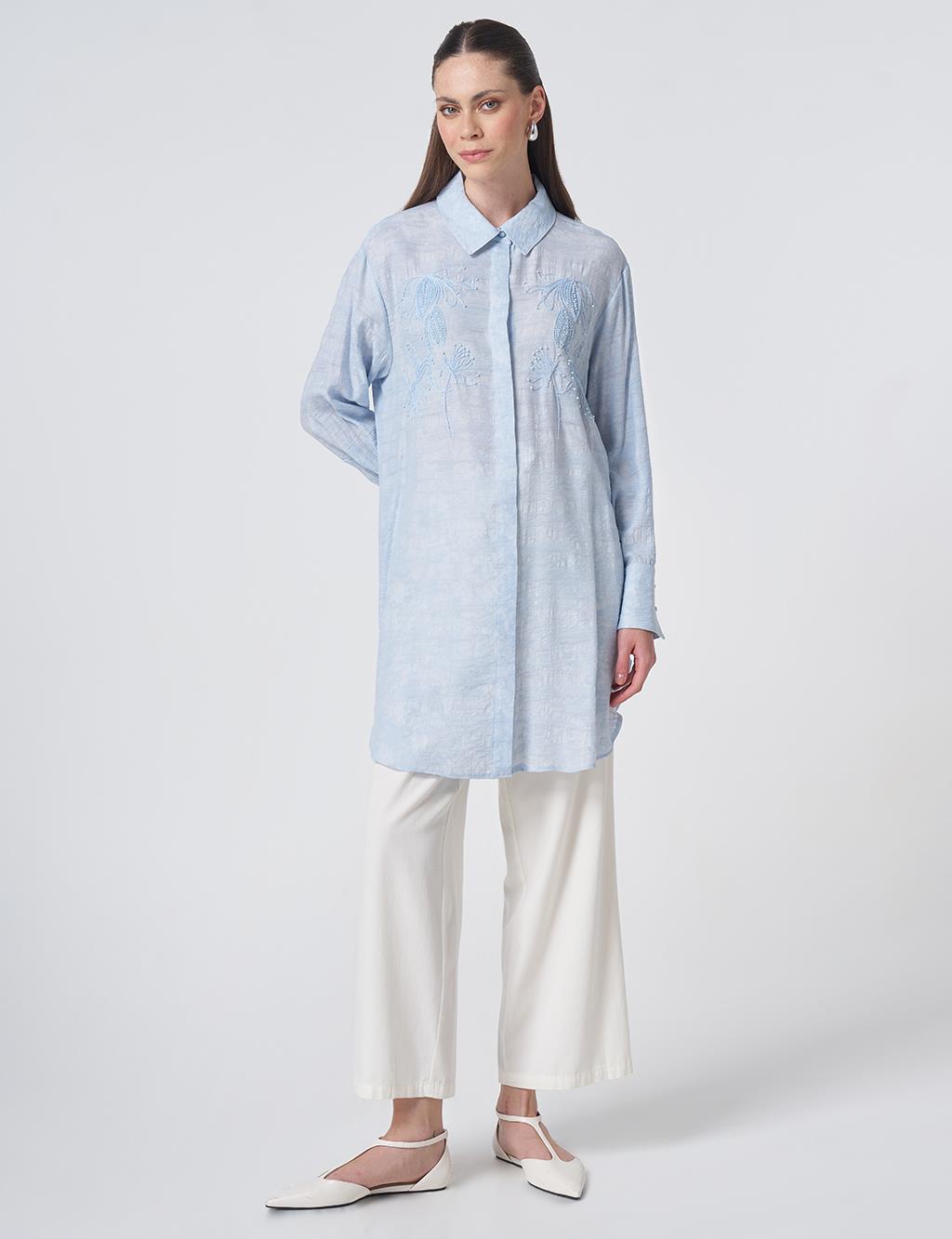 Embroidered Viscose Tunic Blue