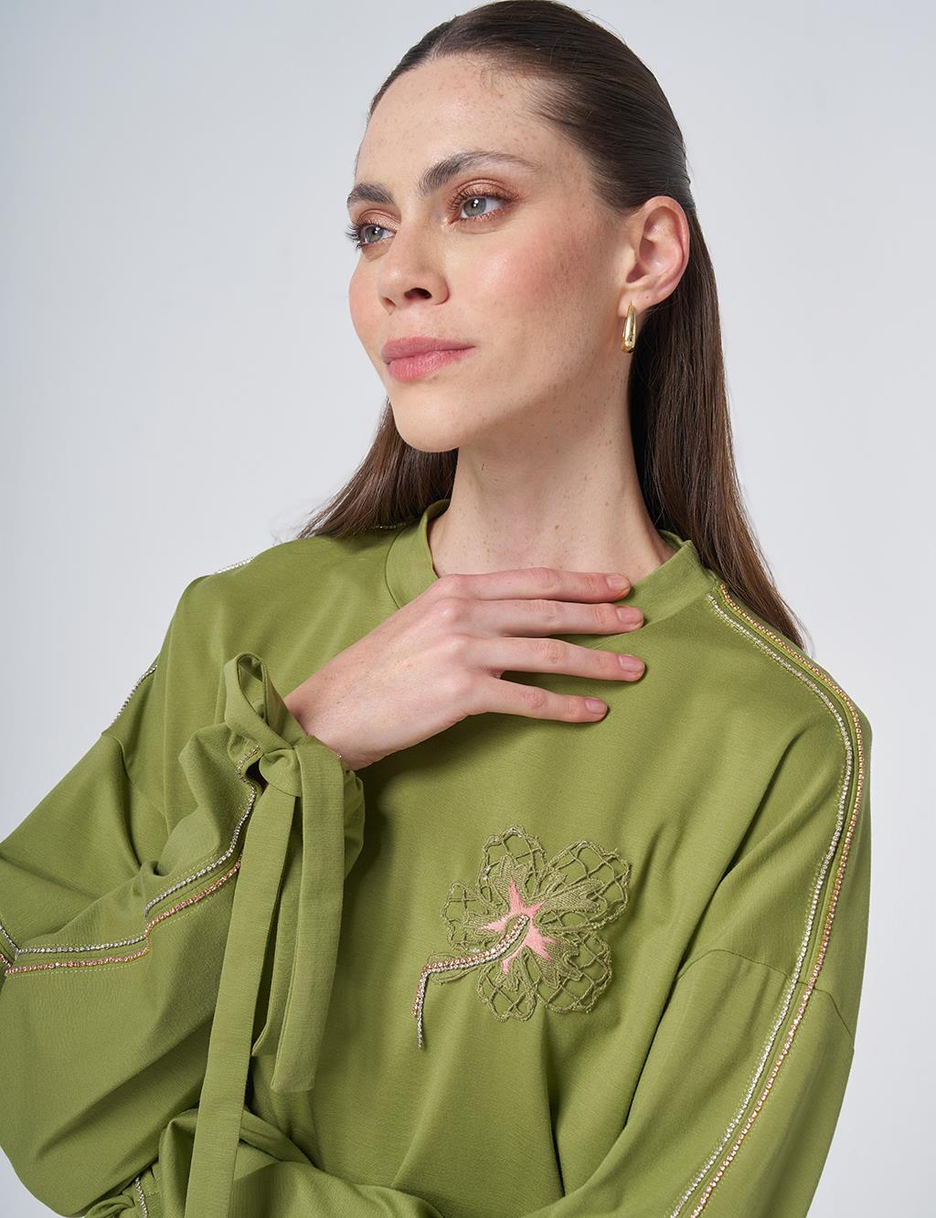 Embroidered Drawstring Jersey Sweatshirt Matcha Green