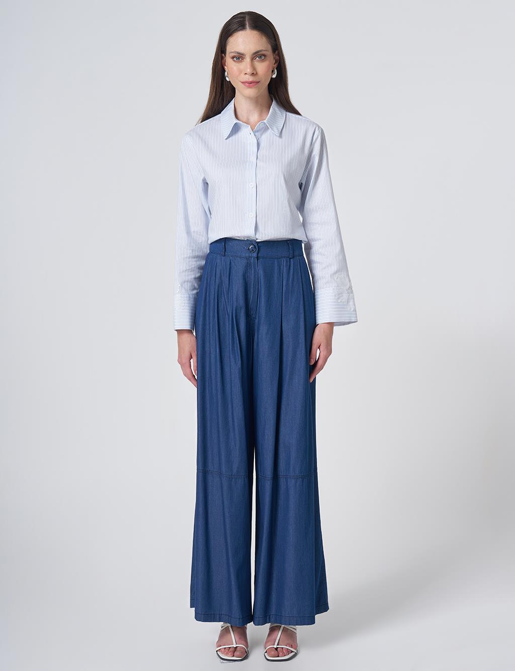 Button Detailed Pleated Trousers Indigo