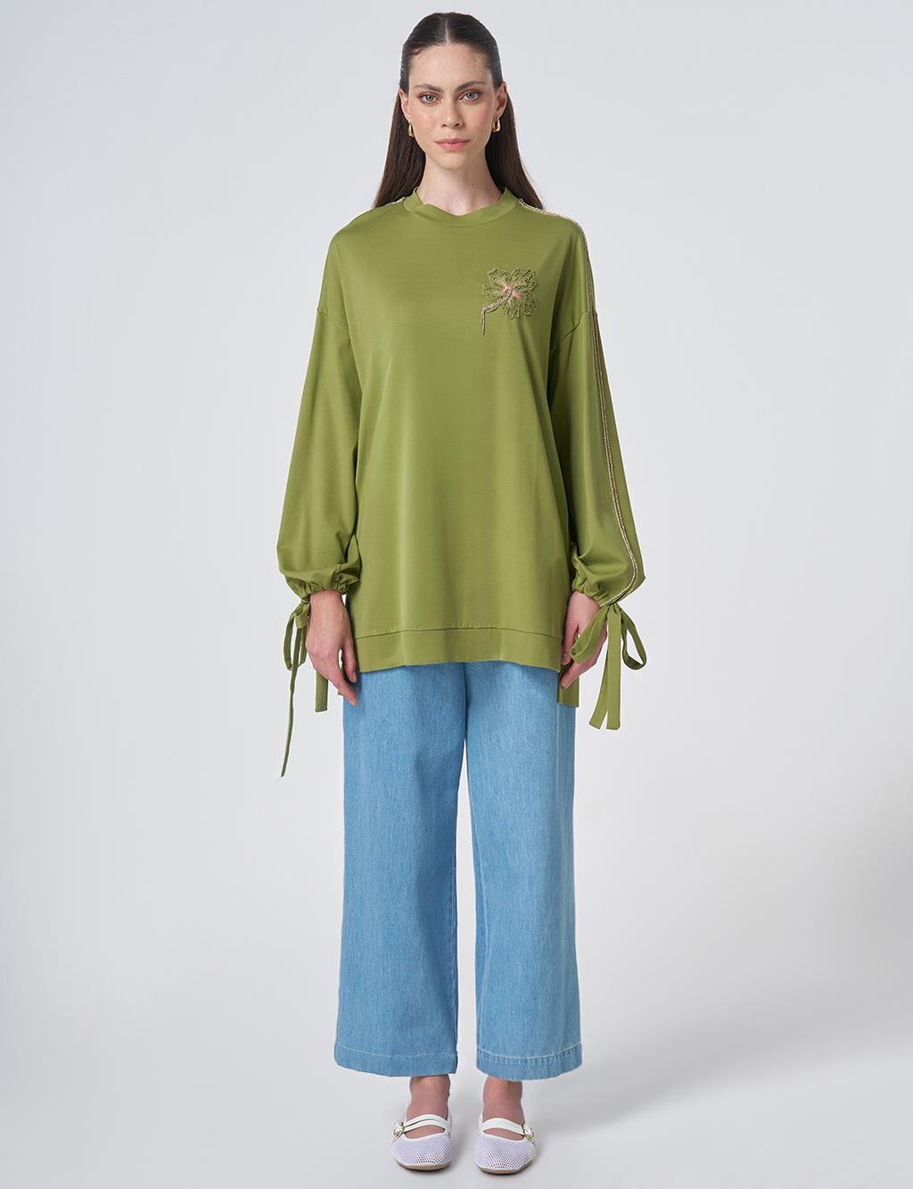 Embroidered Drawstring Jersey Sweatshirt Matcha Green