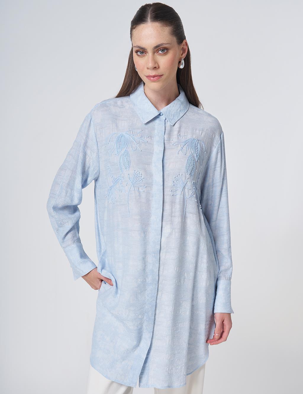 Embroidered Viscose Tunic Blue