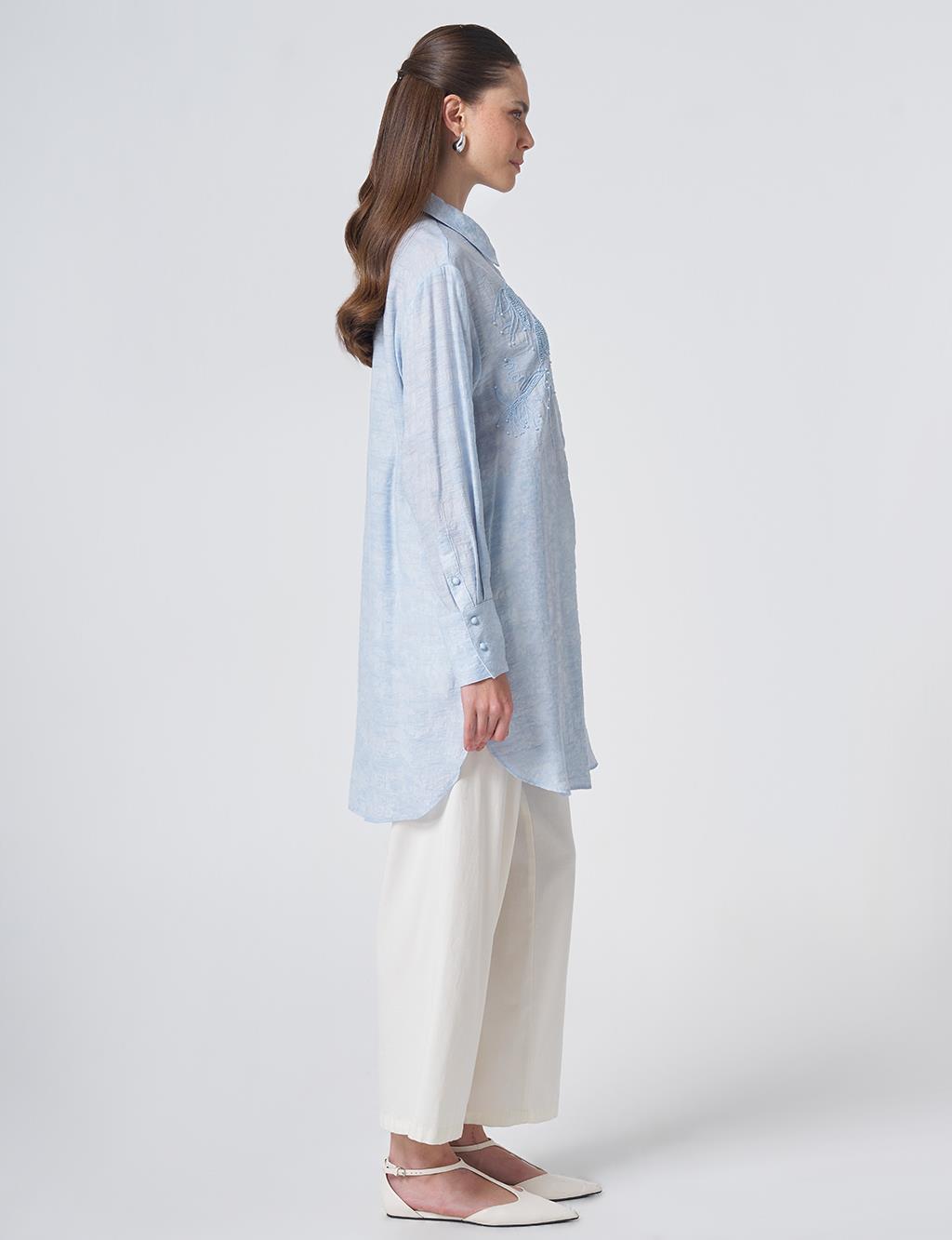 Embroidered Viscose Tunic Blue