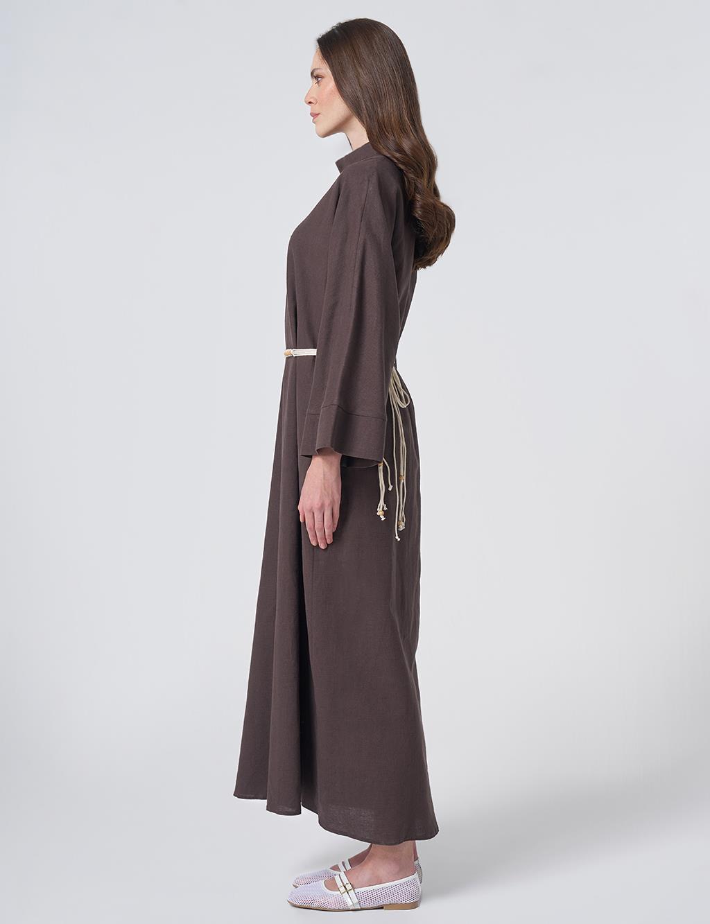 Cotton Linen Dress with Rope Belt Dark Brown
