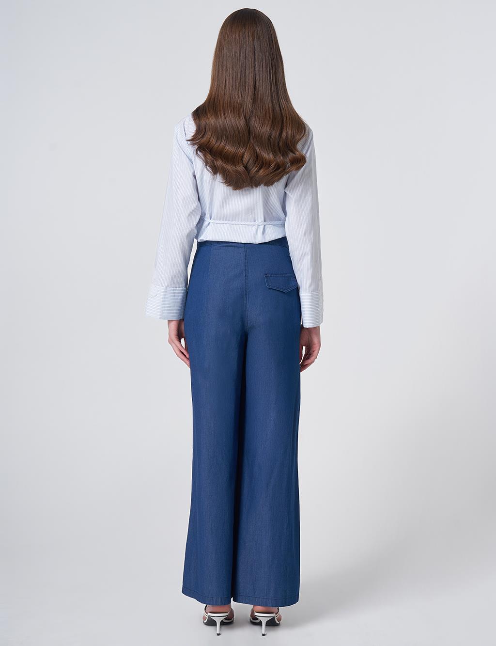 Button Detailed Pleated Trousers Indigo