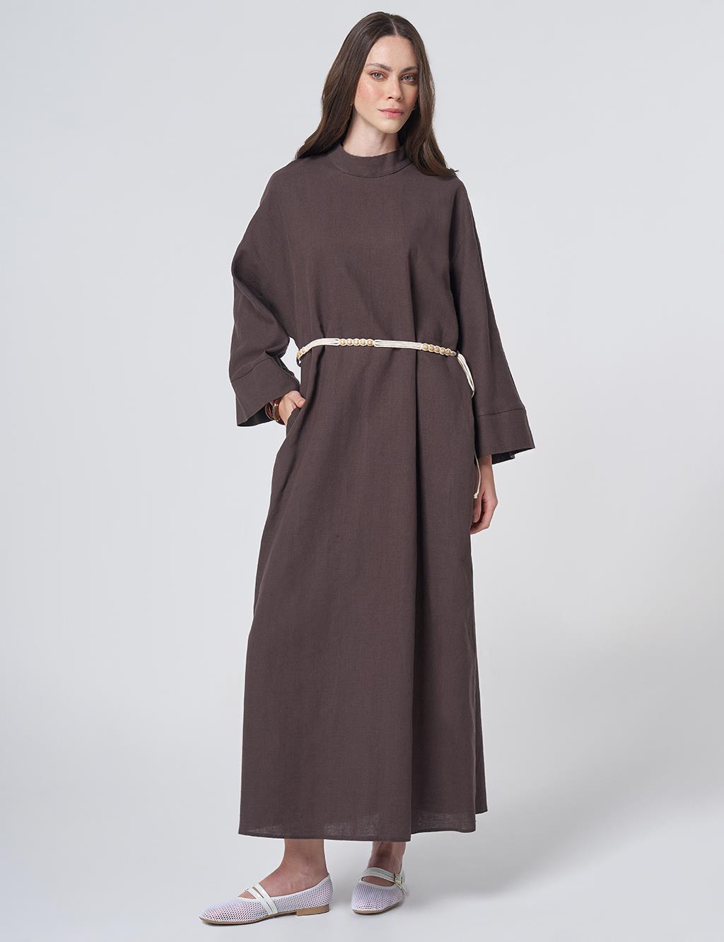 Cotton Linen Dress with Rope Belt Dark Brown