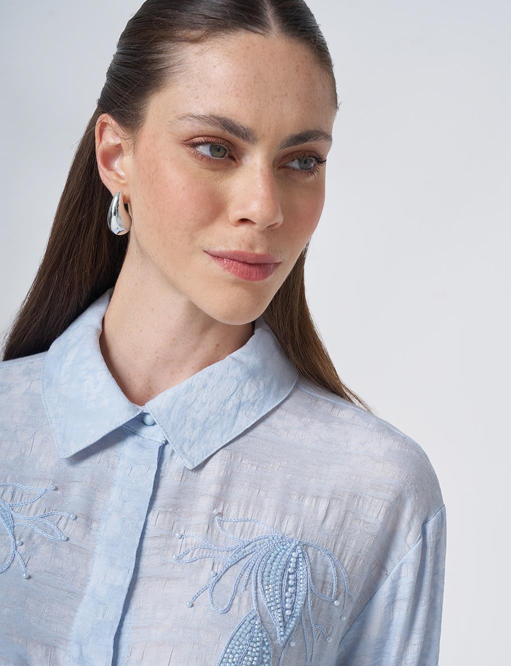Embroidered Viscose Tunic Blue