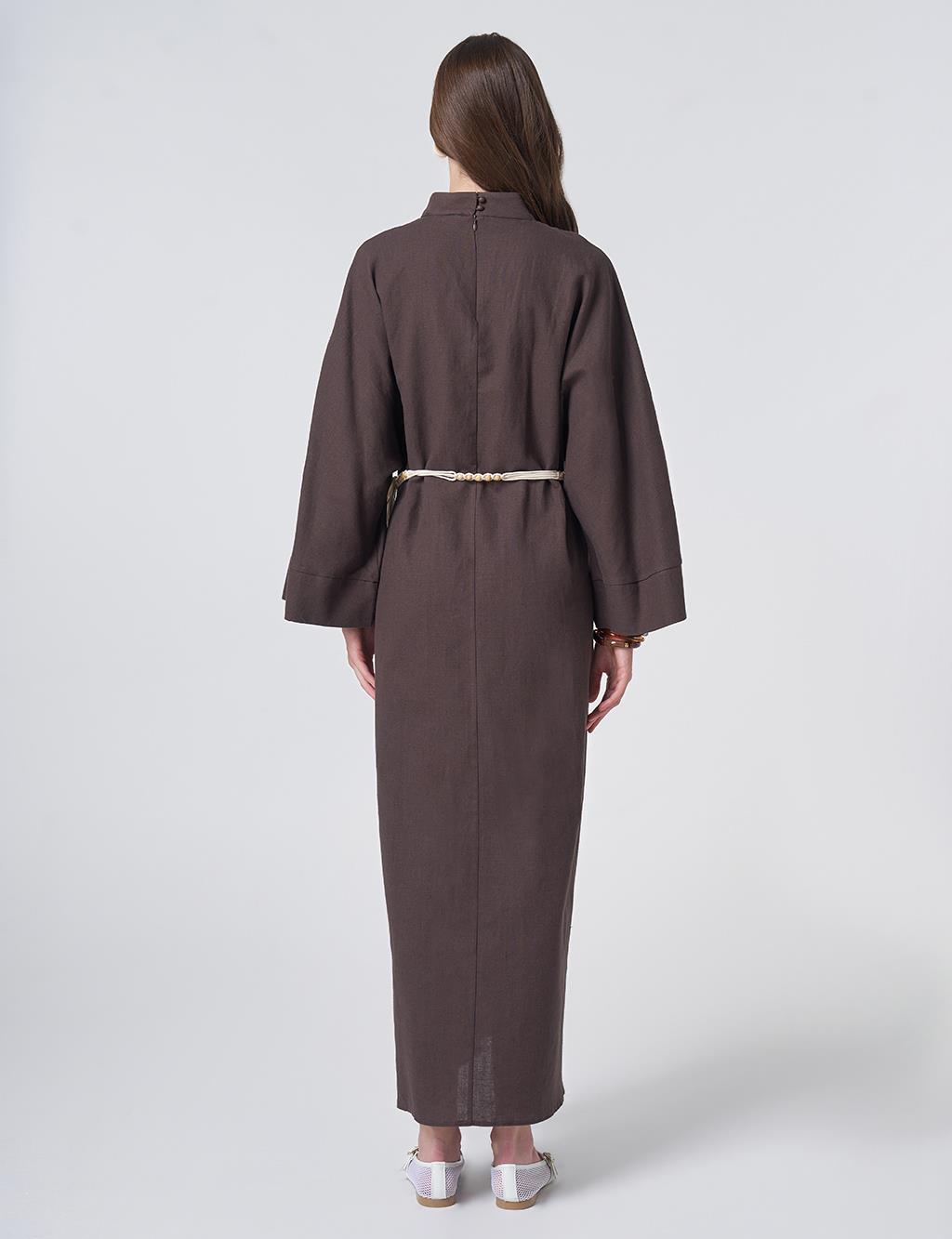 Cotton Linen Dress with Rope Belt Dark Brown