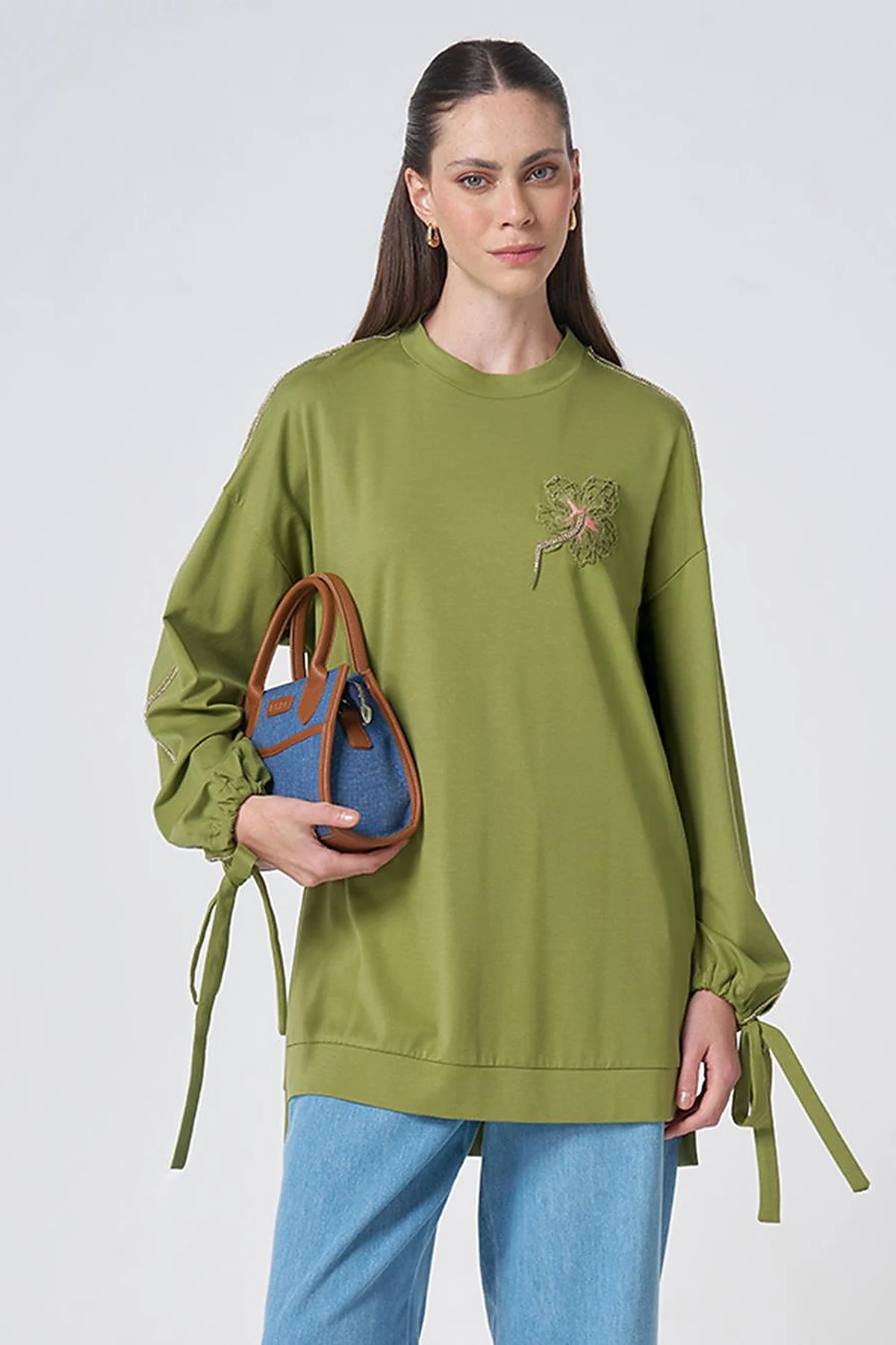 Embroidered Drawstring Jersey Sweatshirt Matcha Green