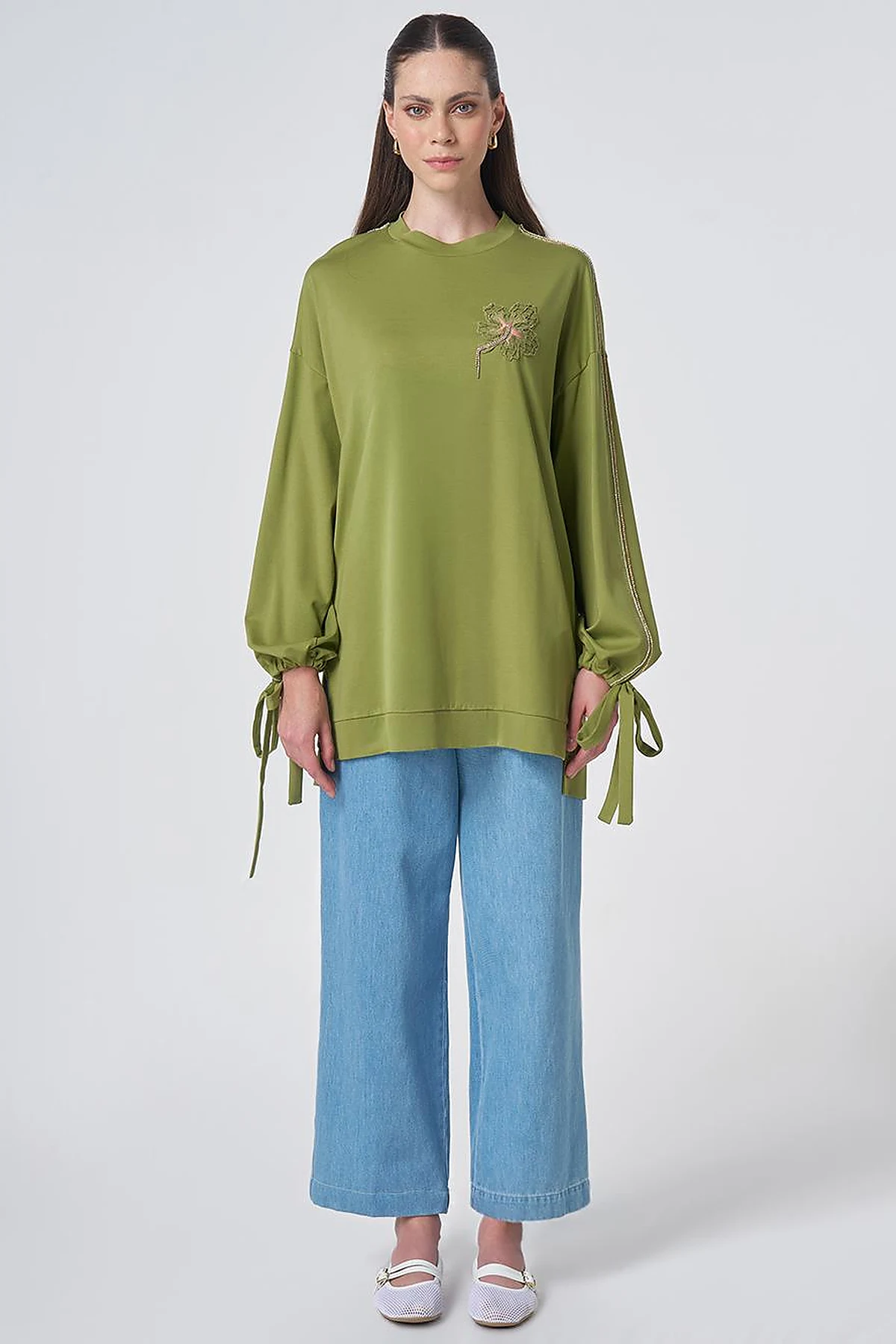 Embroidered Drawstring Jersey Sweatshirt Matcha Green