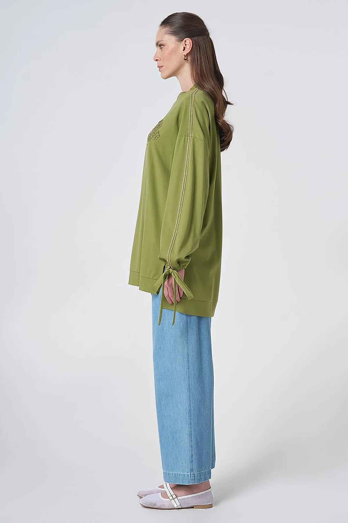 Embroidered Drawstring Jersey Sweatshirt Matcha Green
