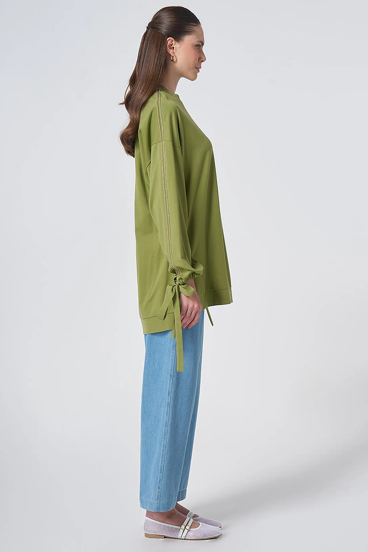 Embroidered Drawstring Jersey Sweatshirt Matcha Green