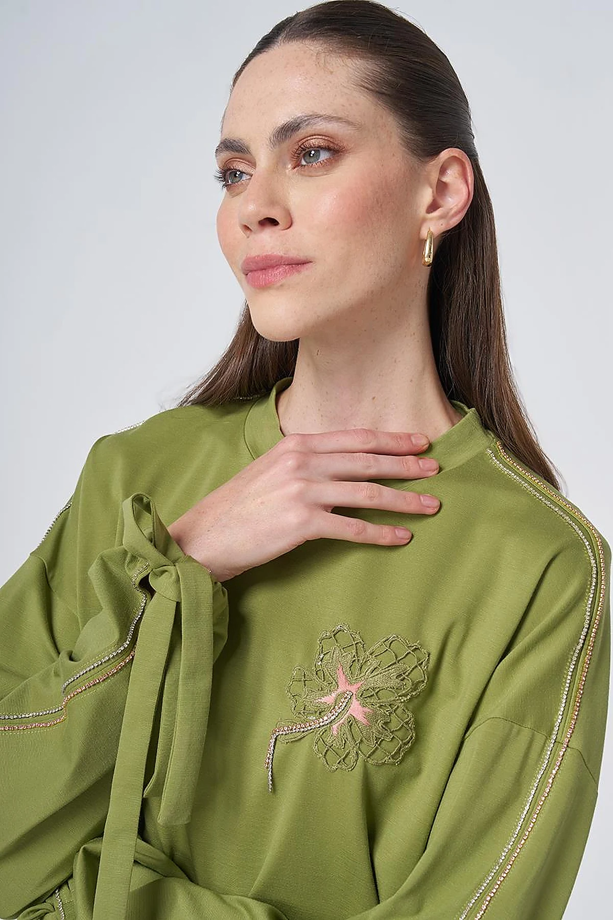 Embroidered Drawstring Jersey Sweatshirt Matcha Green