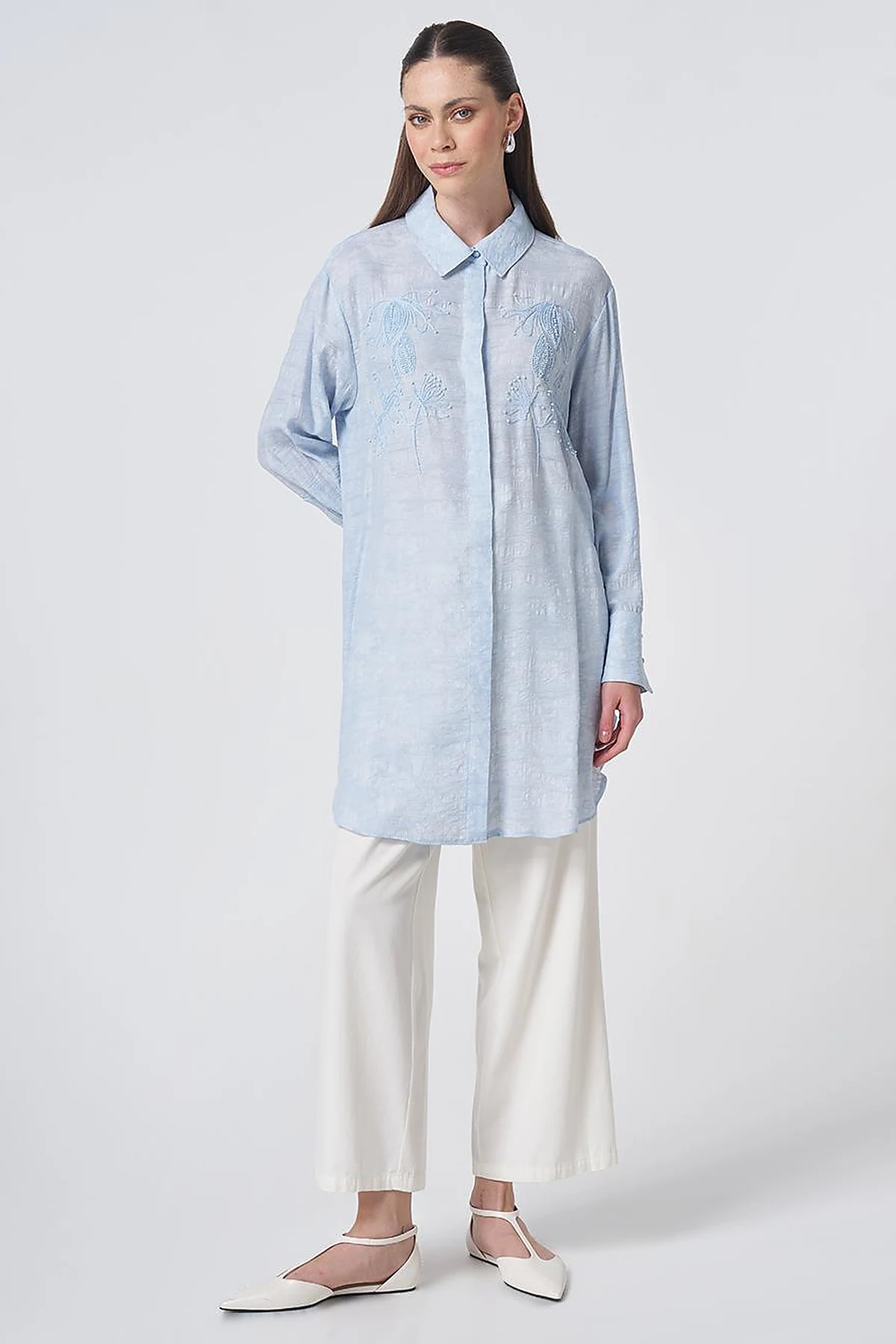 Embroidered Viscose Tunic Blue