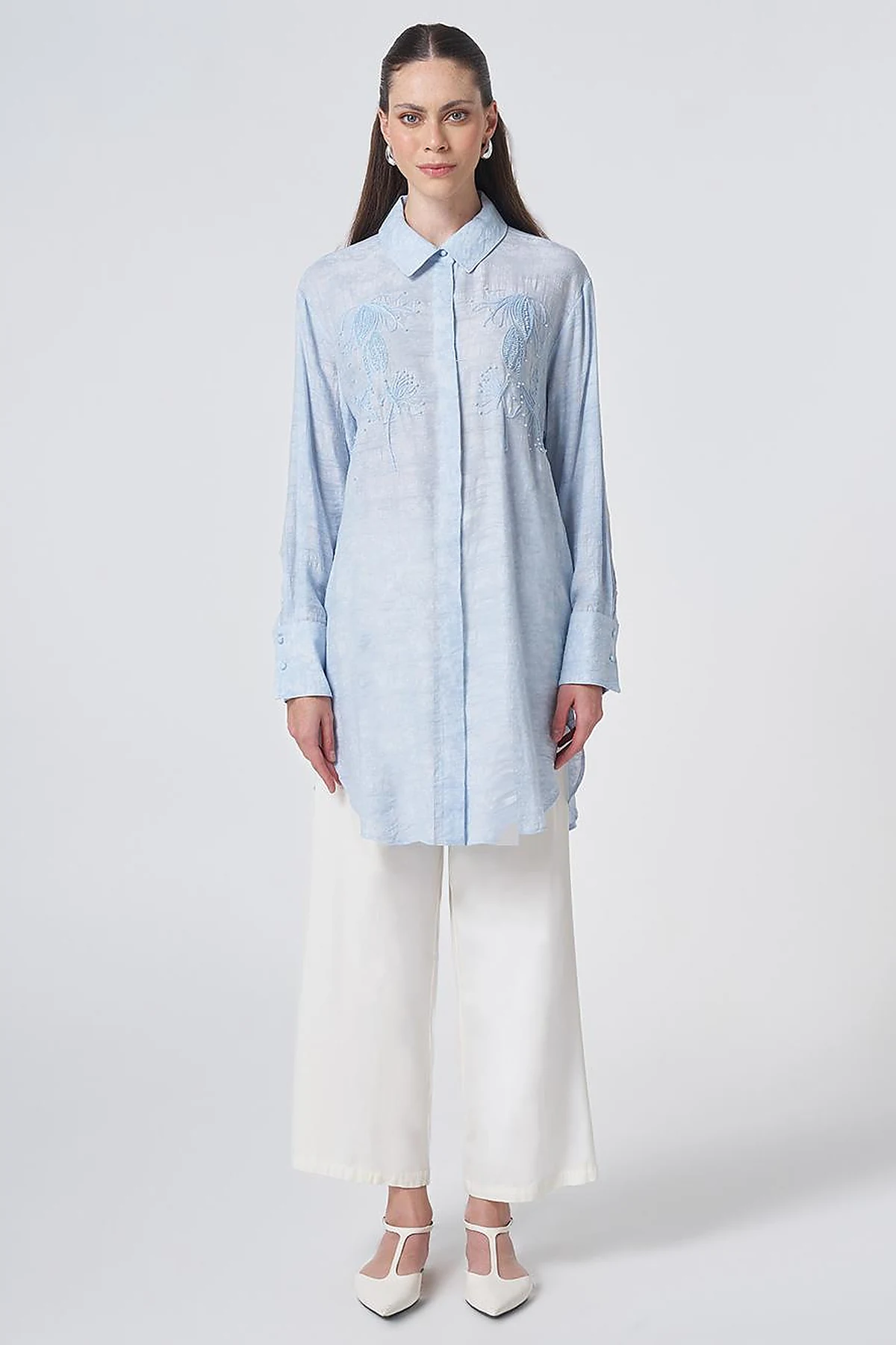 Embroidered Viscose Tunic Blue