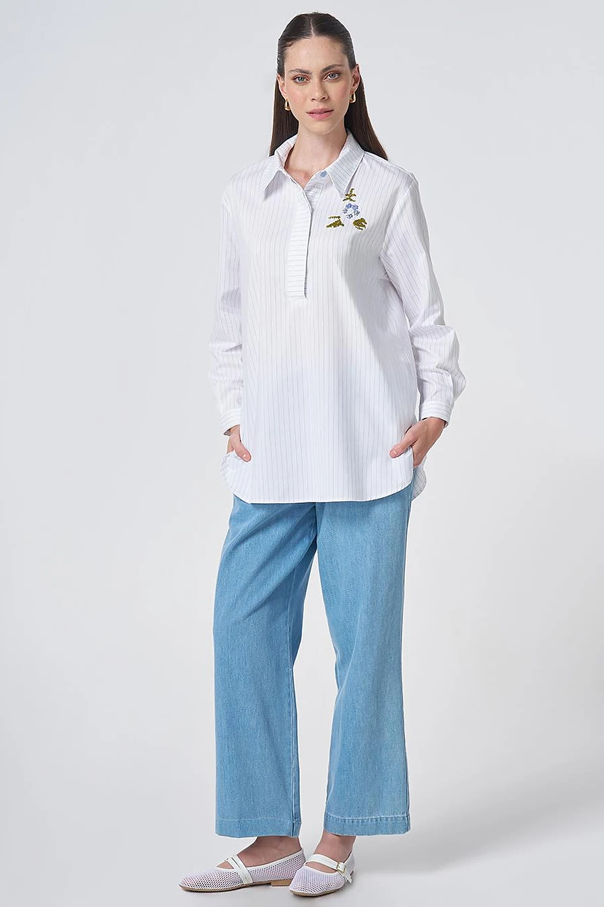 Concealed Placket Cotton Tunic Blue