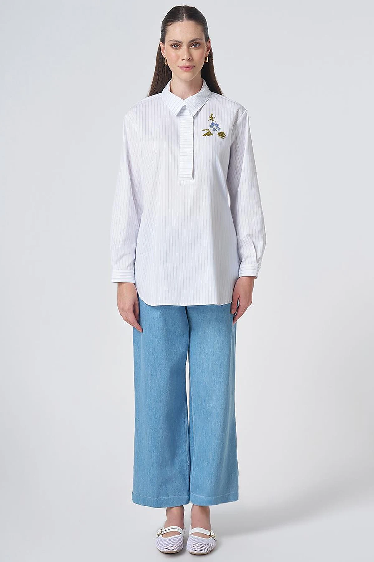 Concealed Placket Cotton Tunic Blue