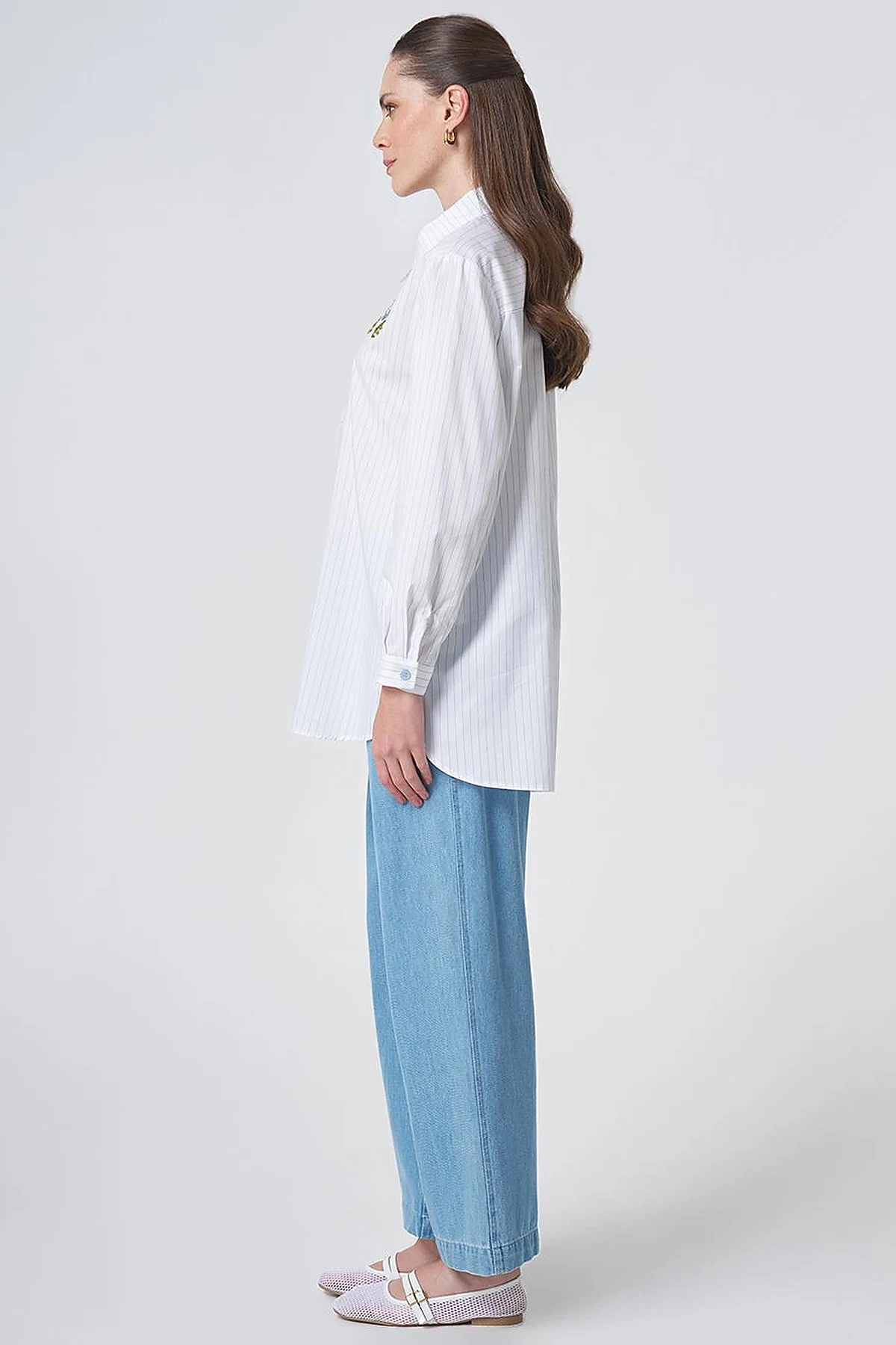 Concealed Placket Cotton Tunic Blue
