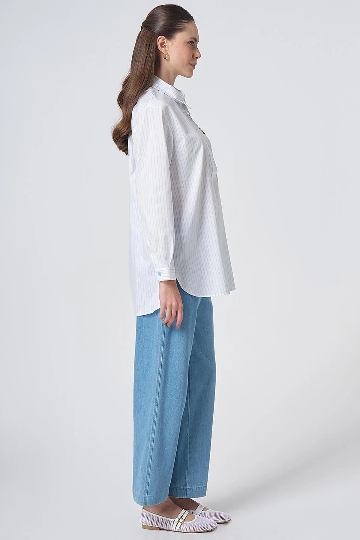 Concealed Placket Cotton Tunic Blue