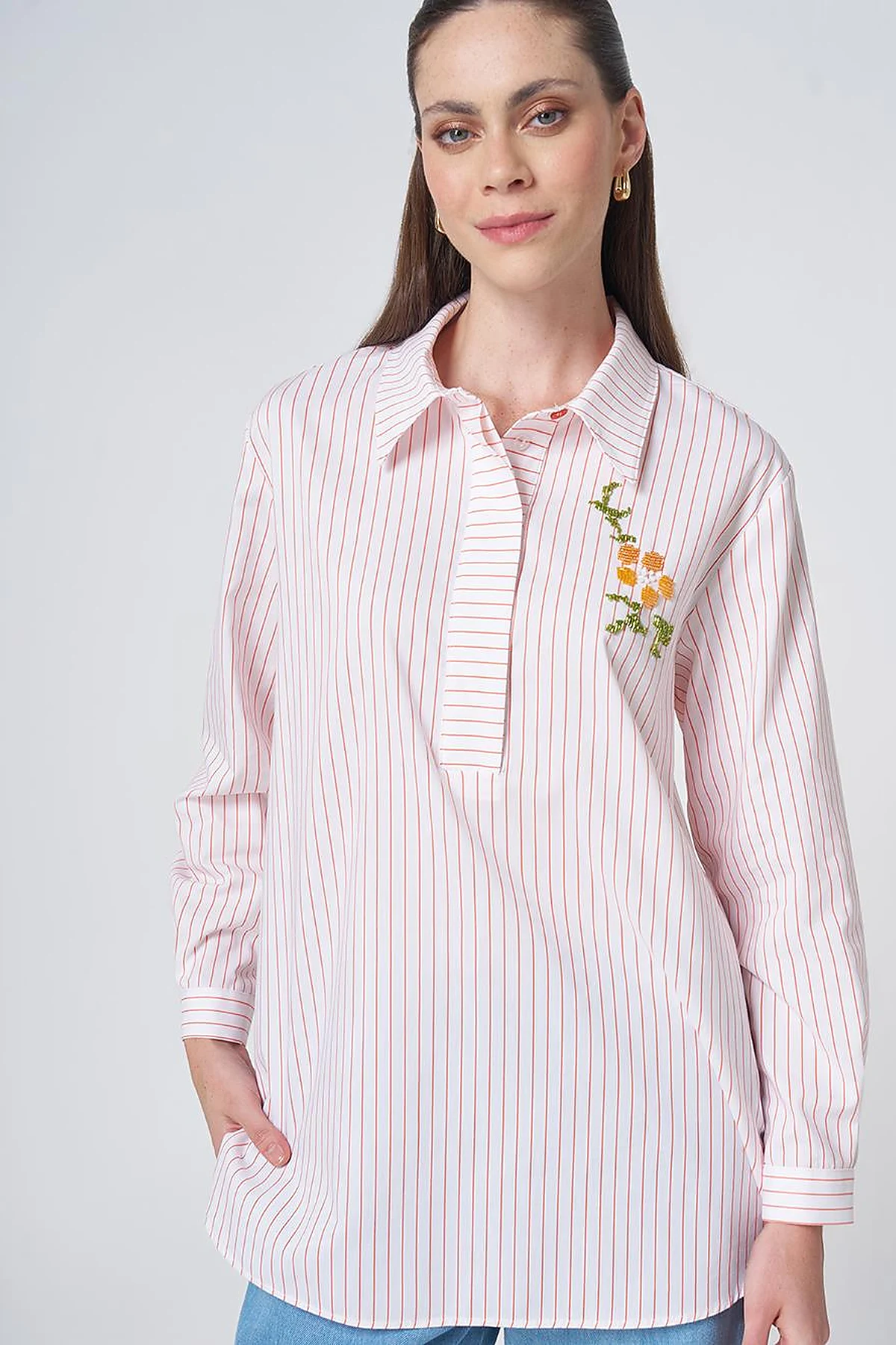 Concealed Placket Cotton Tunic Coral