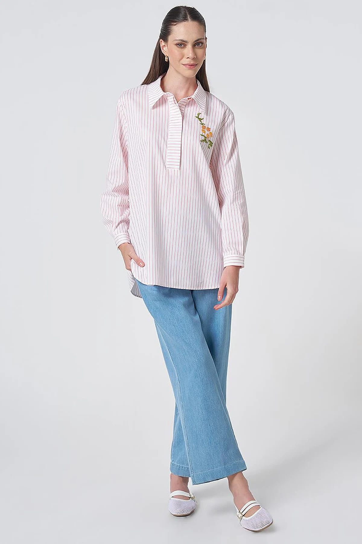 Concealed Placket Cotton Tunic Coral