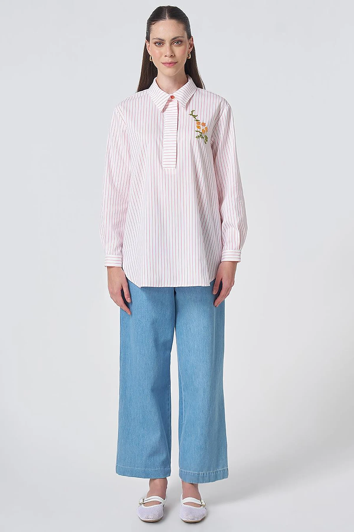 Concealed Placket Cotton Tunic Coral