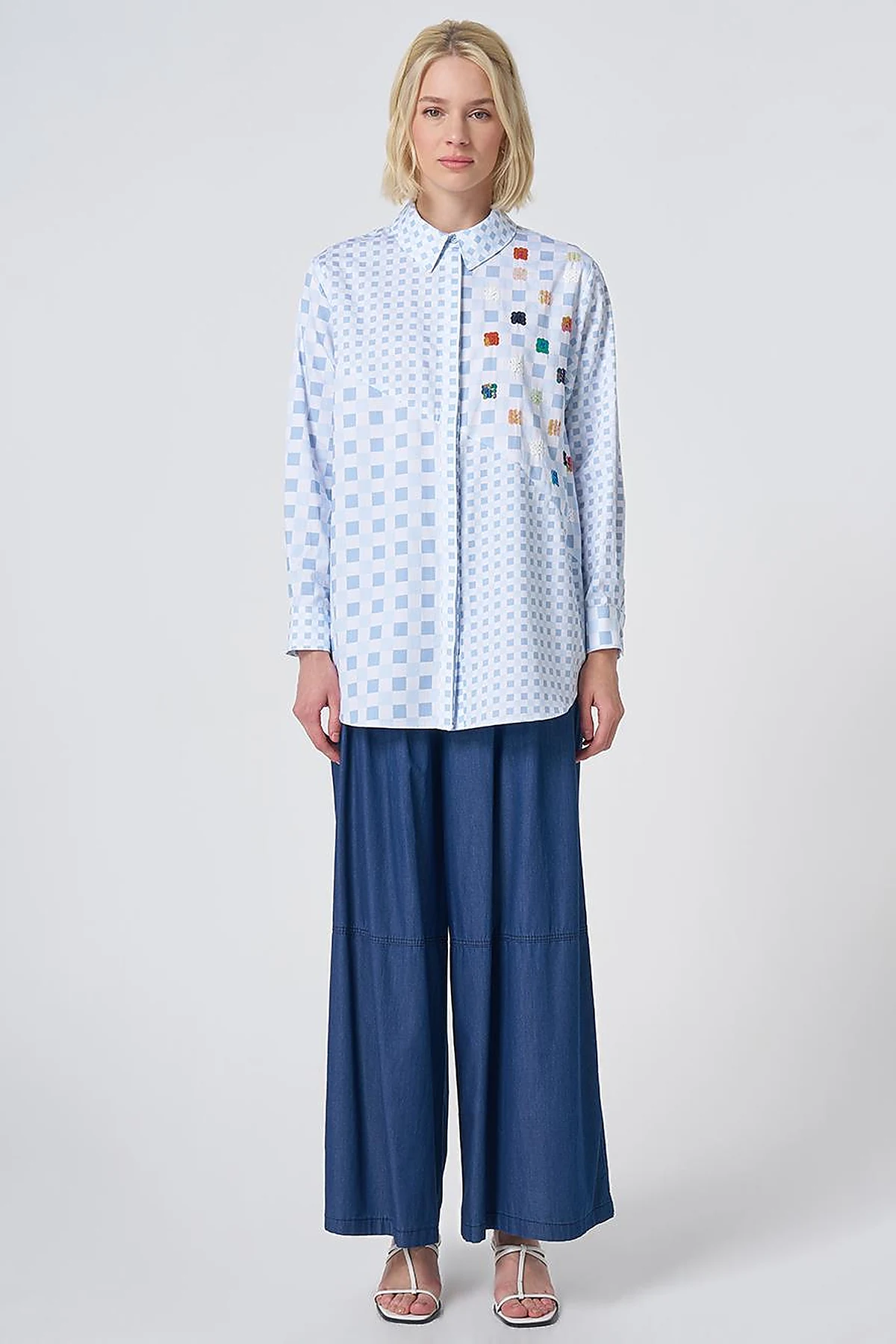 100% Cotton Check Pattern Tunic Blue