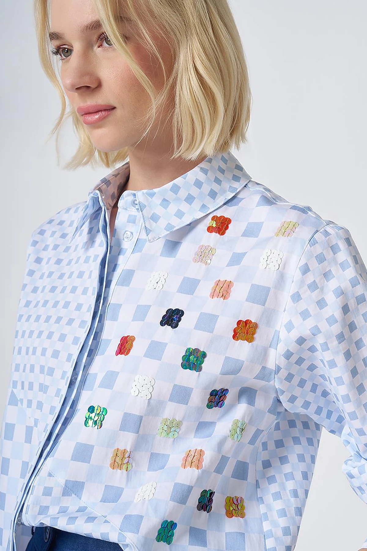 100% Cotton Check Pattern Tunic Blue