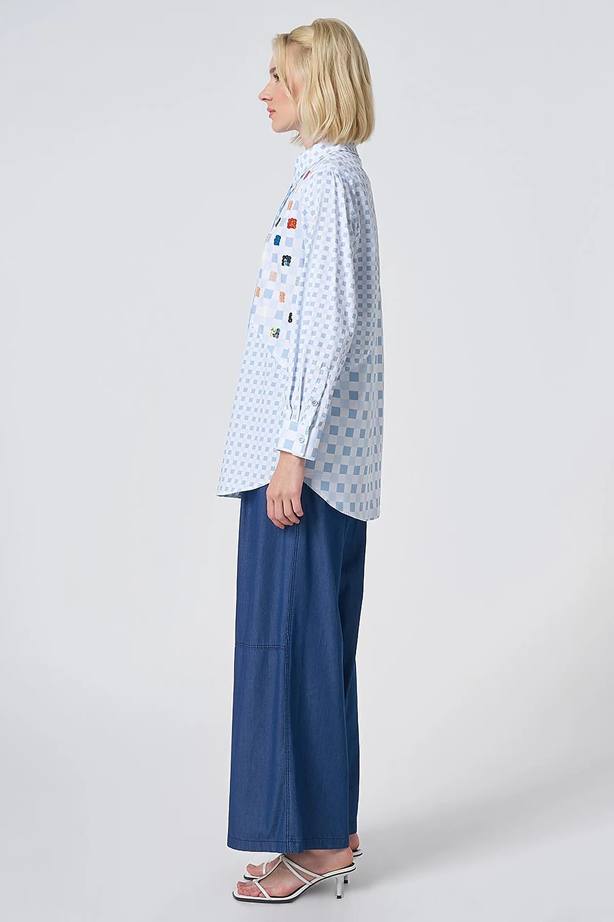 100% Cotton Check Pattern Tunic Blue