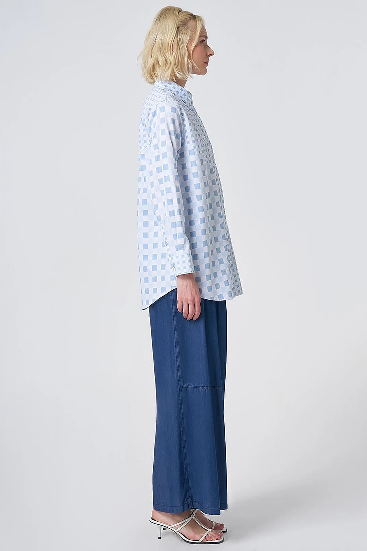 100% Cotton Check Pattern Tunic Blue