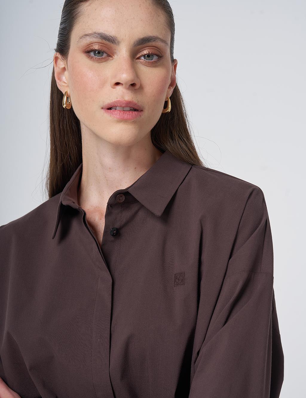 Concealed Placket Cotton Tunic Dark Brown