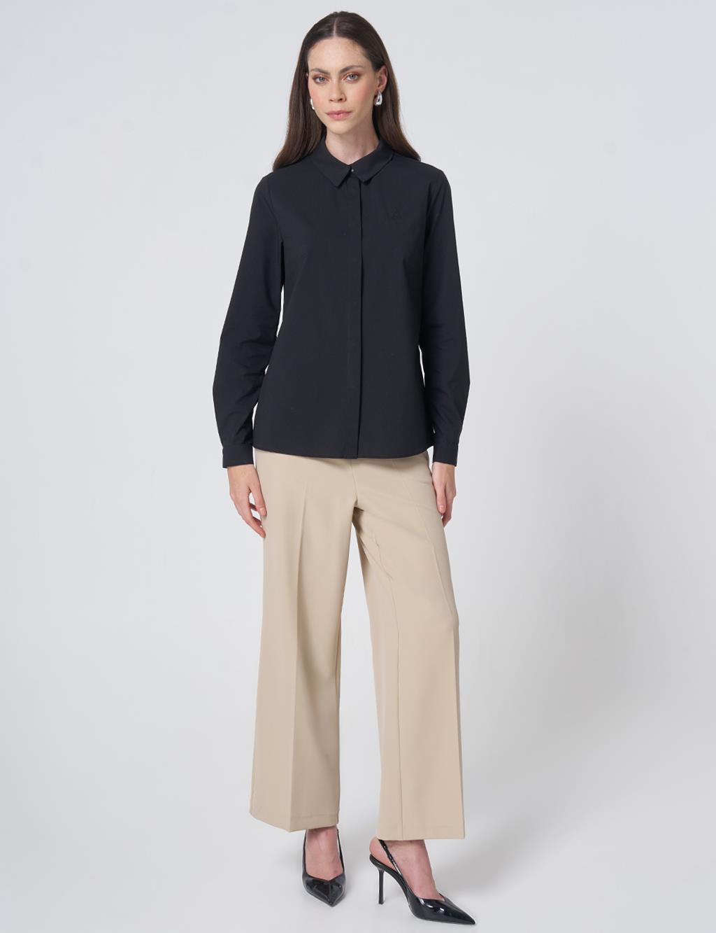 Shirt Collar Cotton Basic Blouse Black