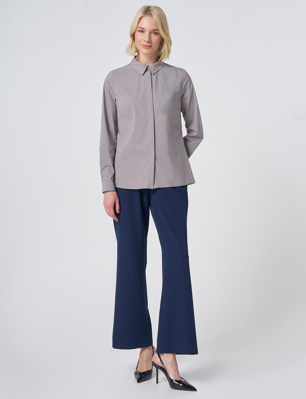 Shirt Collar Cotton Basic Blouse Light Grey