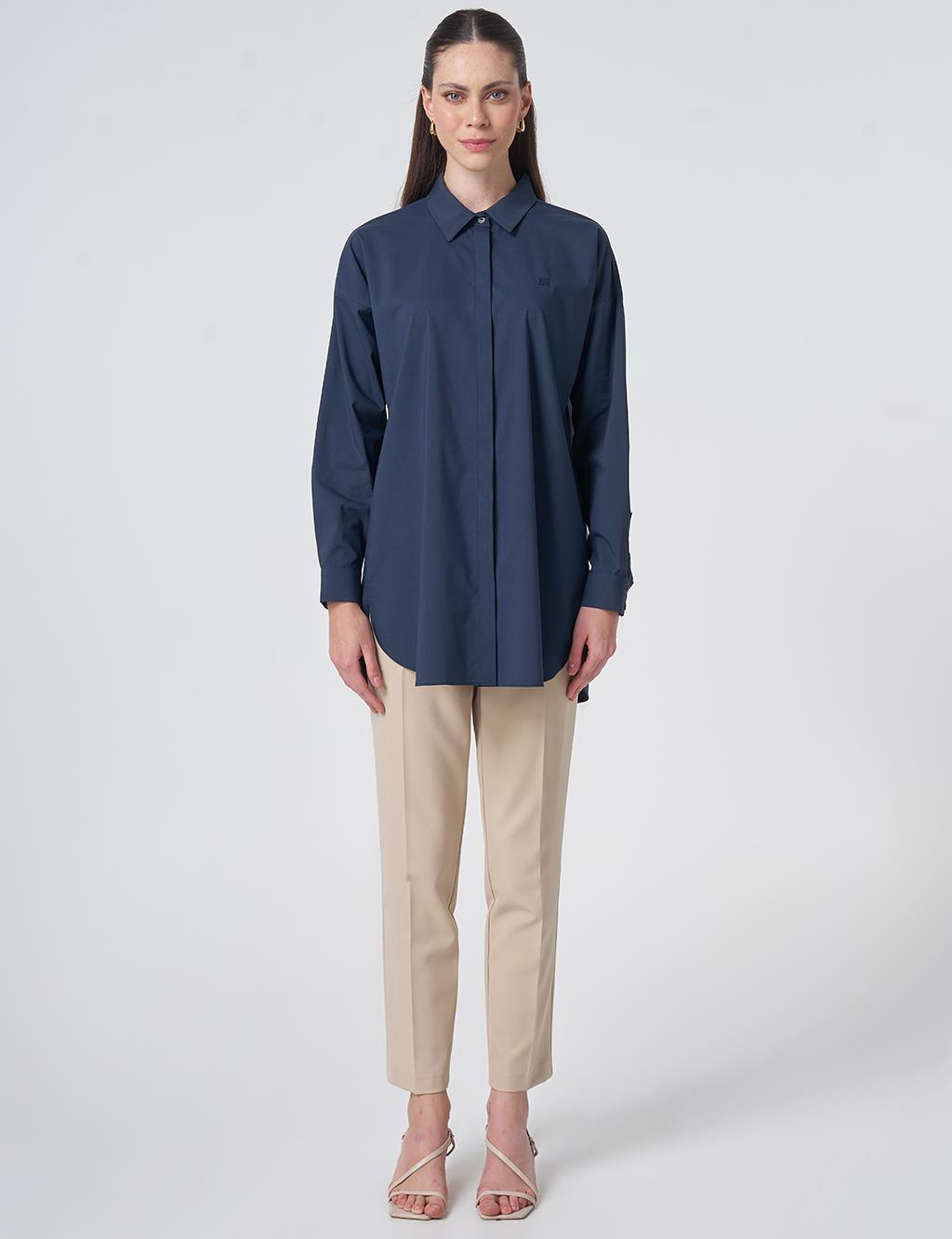 Concealed Placket Cotton Tunic Navy Blue