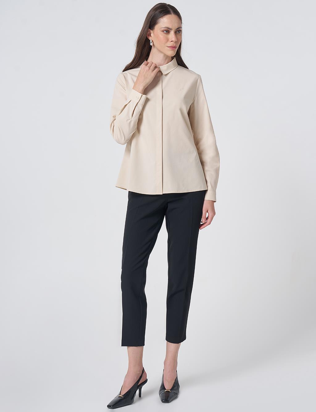 Shirt Collar Cotton Basic Blouse Cream