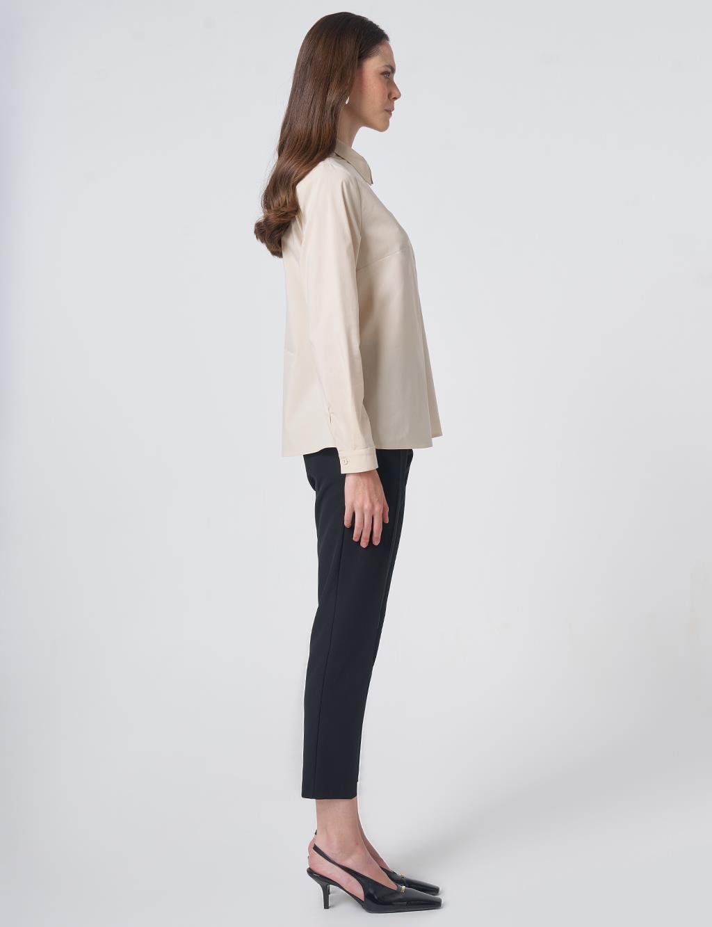 Shirt Collar Cotton Basic Blouse Cream