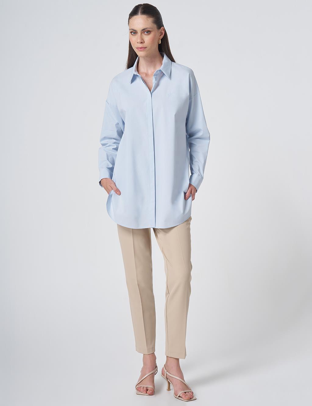 Concealed Placket Cotton Tunic Ice Blue