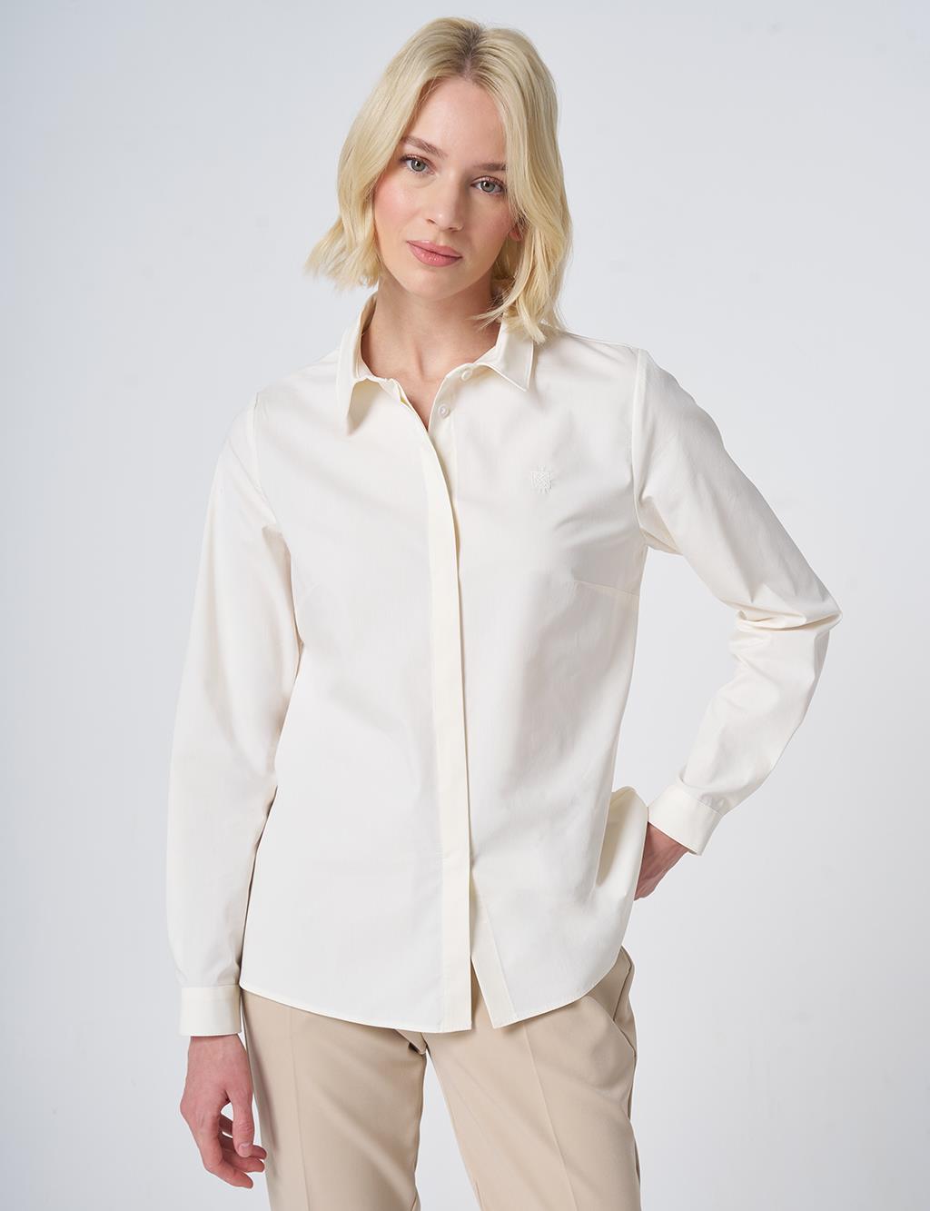 Shirt Collar Cotton Basic Blouse Ecru