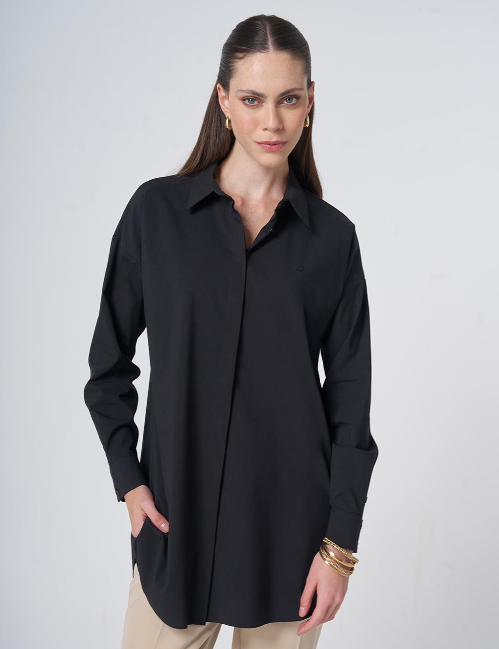 Concealed Placket Cotton Tunic Black