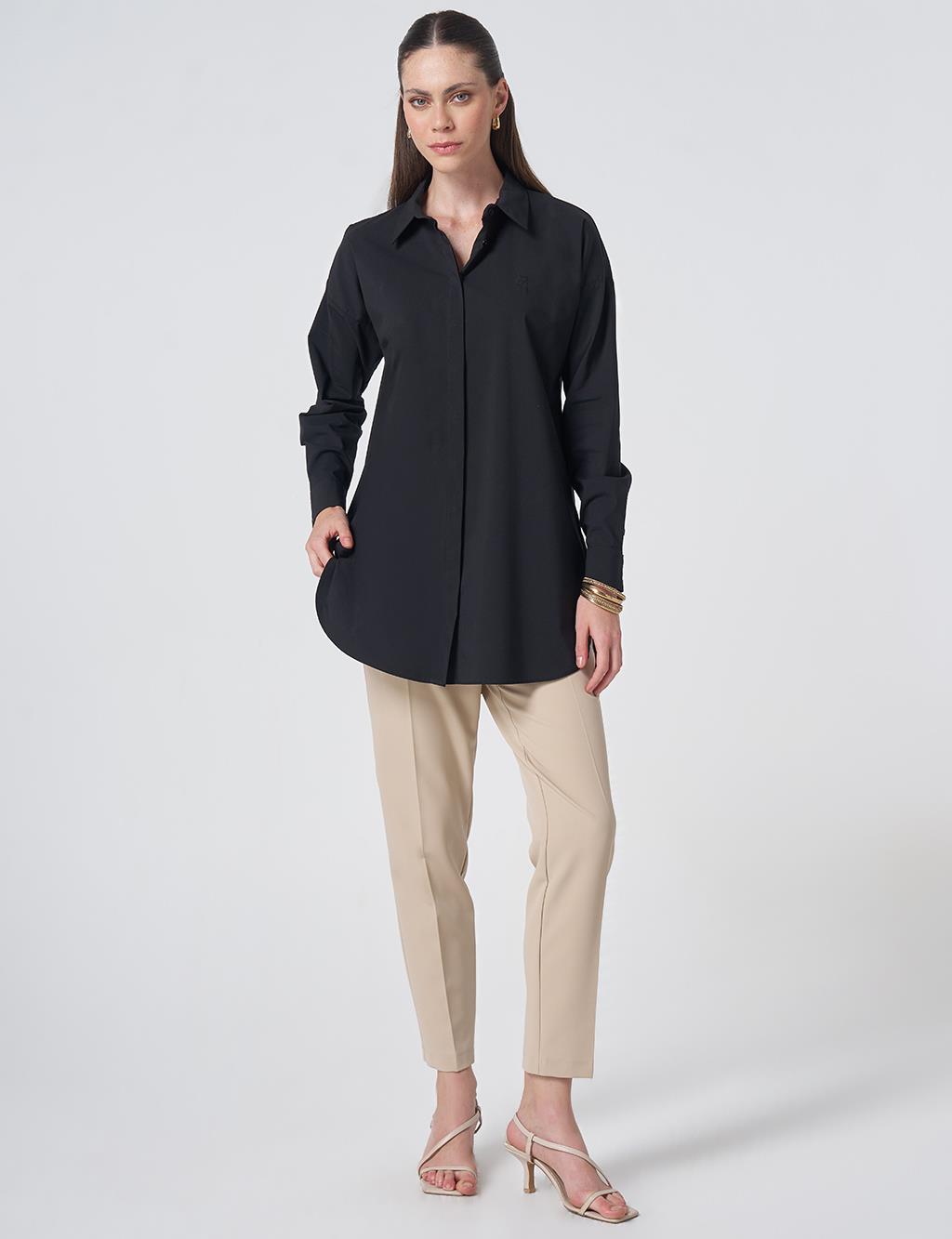 Concealed Placket Cotton Tunic Black