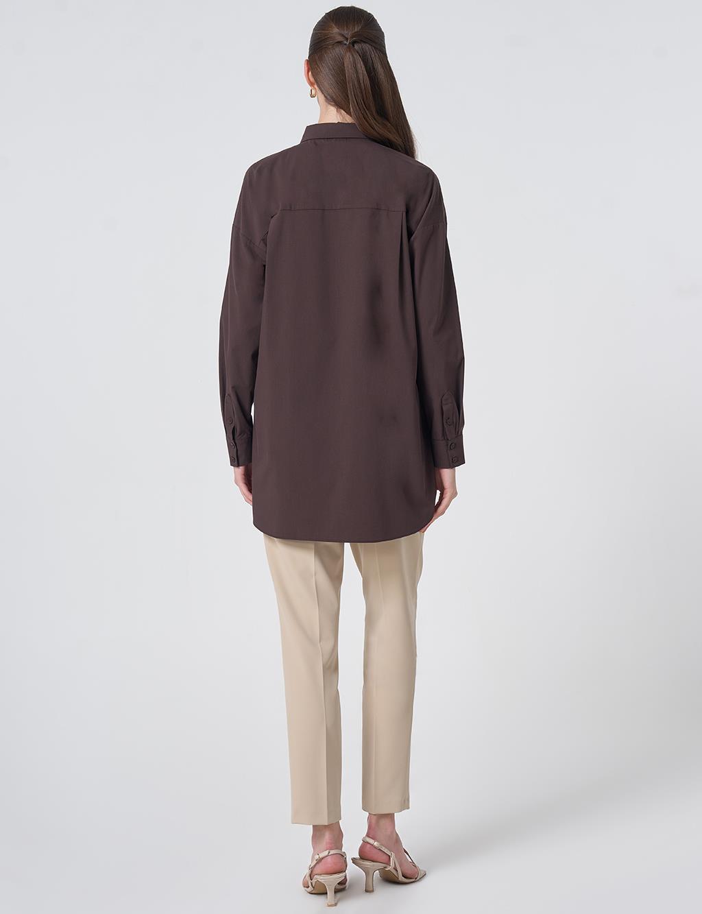 Concealed Placket Cotton Tunic Dark Brown