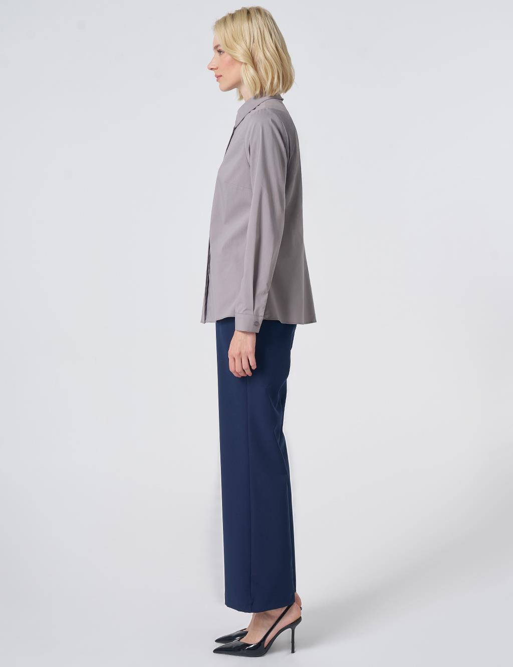Shirt Collar Cotton Basic Blouse Light Grey