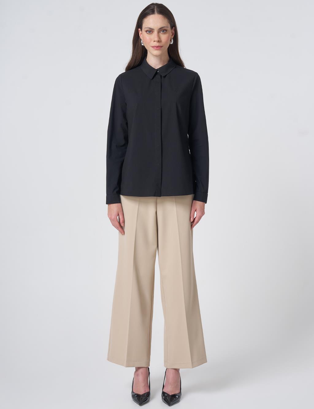 Shirt Collar Cotton Basic Blouse Black